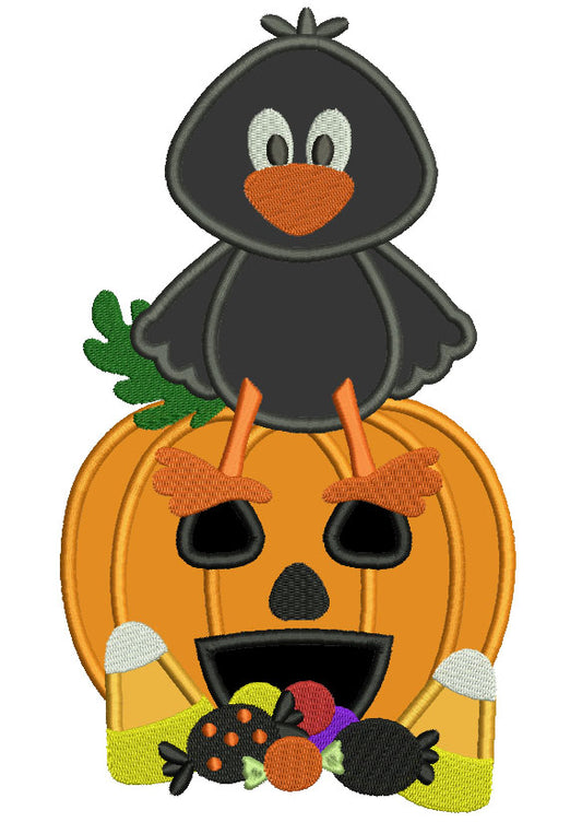 Little Crow Sitting on a Pumpkin Halloween Applique Machine Embroidery Design Digitized Pattern