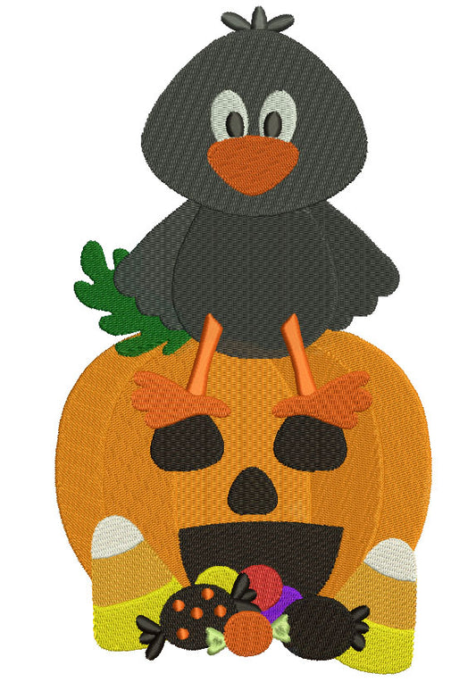 Little Crow Sitting on a Pumpkin Halloween Filled Machine Embroidery Design Digitized Pattern