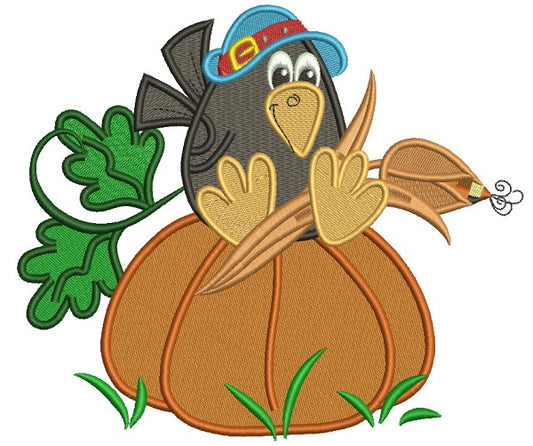 Little Crow Sitting on the Pumpkin Halloween Filled Machine Embroidery Design Digitized Pattern