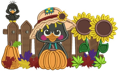 Little Crow With Pumpkin Sitting Next To a Wooden Fence Fall Applique Thanksgiving Machine Embroidery Design Digitized Pattern