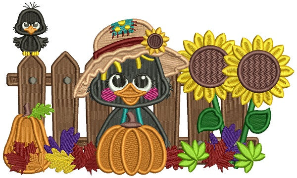 Little Crow With Pumpkin Sitting Next To a Wooden Fence Fall Filled Thanksgiving Machine Embroidery Design Digitized Pattern