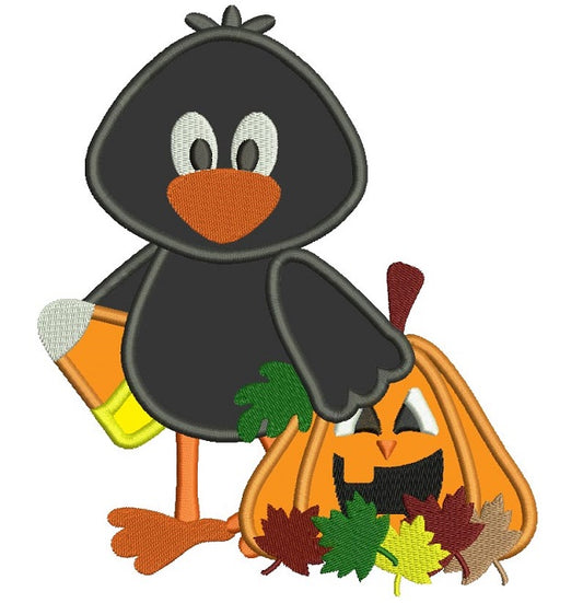 Little Crow With Pumpkin and Candy Corn Applique Machine Embroidery Design Digitized Pattern