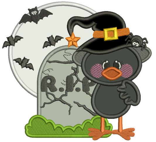 Little Crow Wizard RIP and Bats Halloween Applique Machine Embroidery Design Digitized Pattern