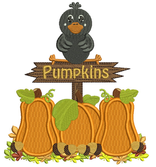 Little Crow in a Pumpkin Patch Filled Machine Embroidery Digitized Design Pattern