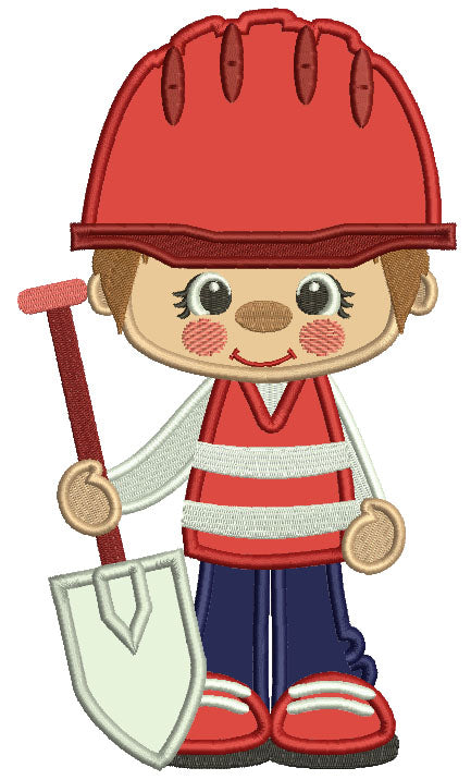 Little Cute Construction Boy Holding a Shovel Applique Machine Embroidery Design Digitized Pattern