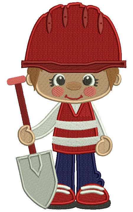 Little Cute Construction Boy Holding a Shovel Filled Machine Embroidery Design Digitized Pattern