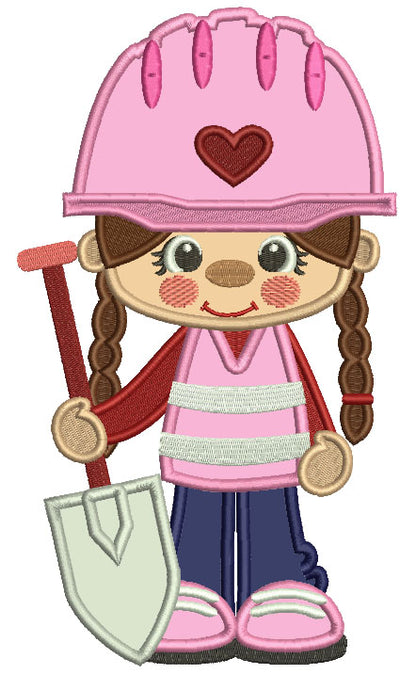 Little Cute Construction Girl Holding a Shovel Applique Machine Embroidery Design Digitized Pattern