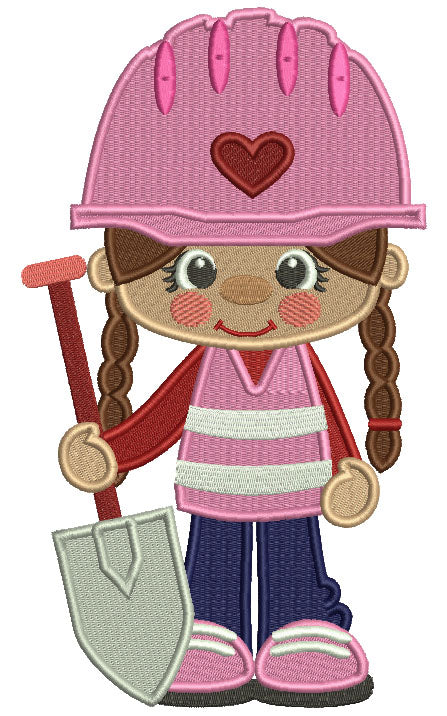 Little Cute Construction Girl Holding a Shovel Filled Machine Embroidery Design Digitized Pattern