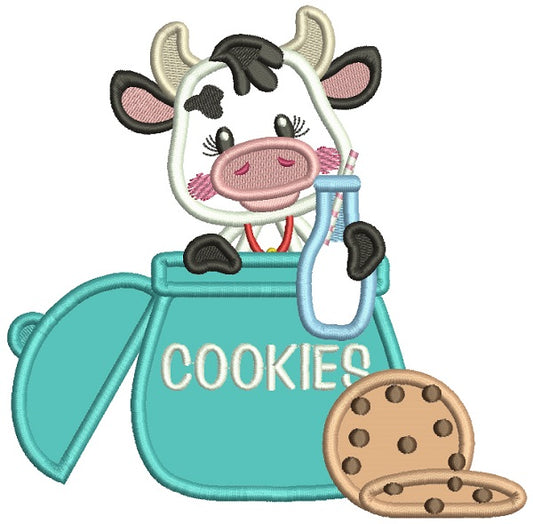 Little Cute Cow With Milk Sitting Inside Cookie Jar Applique Machine Embroidery Design Digitized Pattern