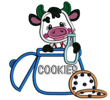 Little Cute Cow With Milk Sitting Inside Cookie Jar Applique Machine Embroidery Design Digitized Pattern
