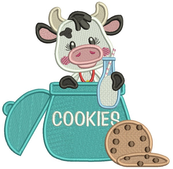 Little Cute Cow With Milk Sitting Inside Cookie Jar Filled Machine Embroidery Design Digitized Pattern
