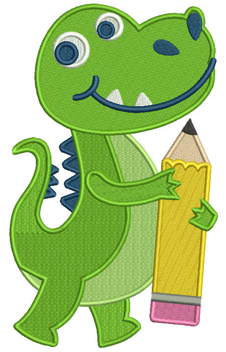 Little Dino Holding a Pencil School Filled Machine Embroidery Design Digitized Pattern