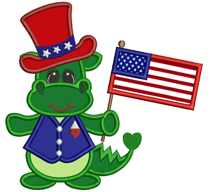 Little Dino holding American Flag 4th of July Independence Day Applique Machine Embroidery Digitized Design Pattern