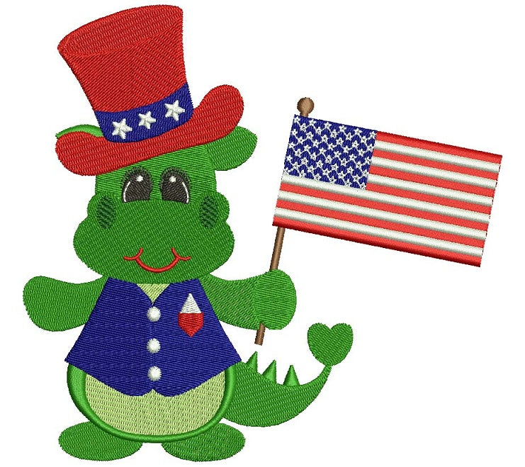 Little Dino holding American Flag 4th of July Independence Day Filled Machine Embroidery Digitized Design Pattern