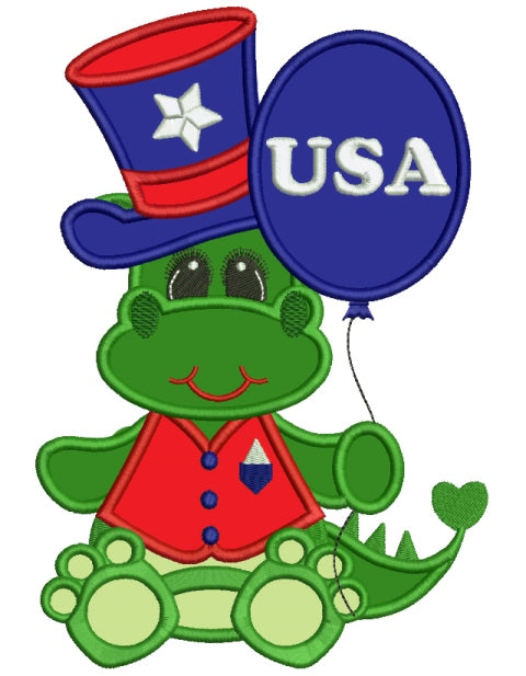 Little Dino holding Balloon 4th of July Independence Day Applique Machine Embroidery Digitized Design Pattern