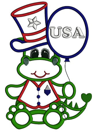 Little Dino holding Balloon 4th of July Independence Day Applique Machine Embroidery Digitized Design Pattern