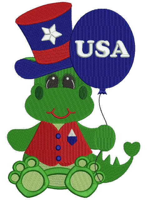 Little Dino holding Balloon 4th of July Independence Day Filled Machine Embroidery Digitized Design Pattern