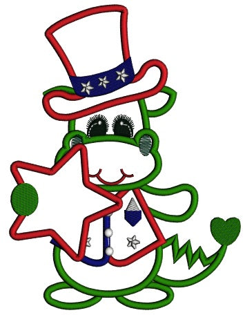 Little Dino holding Star 4th of July Independence Day Applique Machine Embroidery Digitized Design Pattern