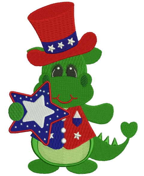 Little Dino holding Star 4th of July Independence Day Filled Machine Embroidery Digitized Design Pattern