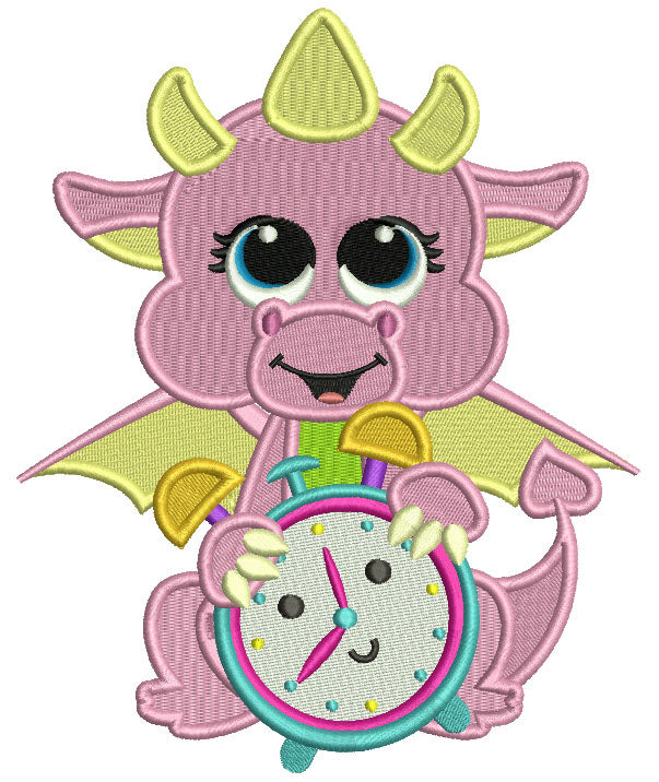Little Dragon Holding An Alarm Clock Filled Machine Embroidery Design Digitized Pattern