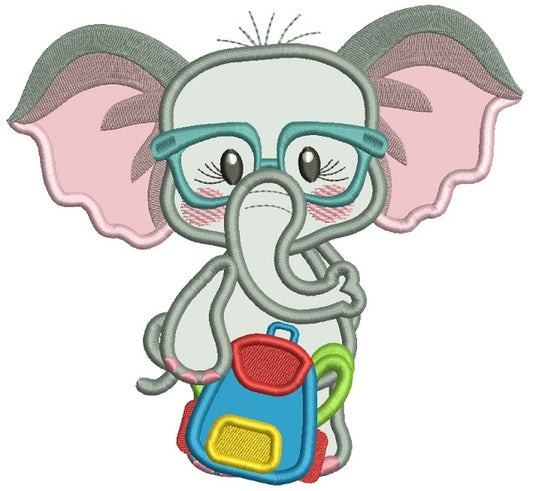 Little Elephant Going Back To School Applique Machine Embroidery Design Digitized Pattern
