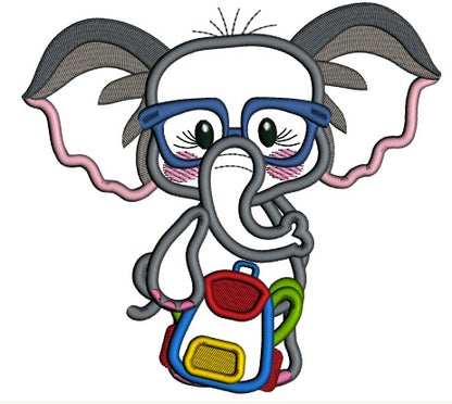 Little Elephant Going Back To School Applique Machine Embroidery Design Digitized Pattern