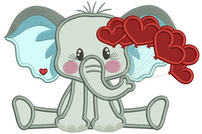 Little Elephant Holding Hearts On The String Valentine's Day Applique Machine Embroidery Design Digitized Pattern