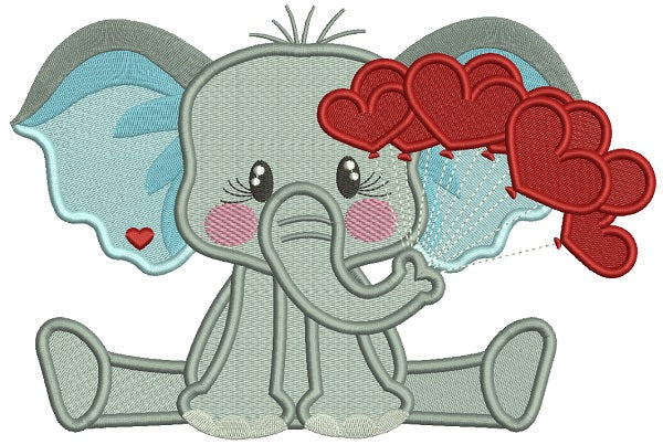 Little Elephant Holding Hearts On The String Valentine's Day Filled Machine Embroidery Design Digitized Pattern