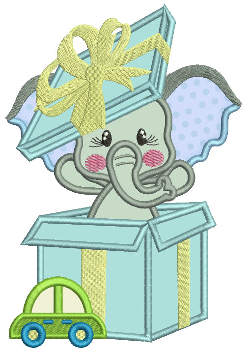 Little Elephant Inside a Gift Box Applique Machine Embroidery Design Digitized Pattern