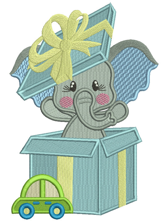 Little Elephant Inside a Gift Box Filled Machine Embroidery Design Digitized Pattern