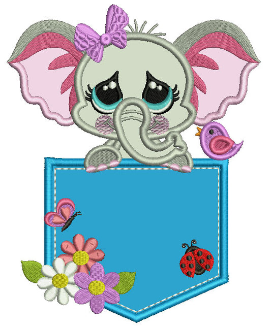 Little Elephant Sitting Inside a Pocket With Ladybug and Flowers Applique Machine Embroidery Design Digitized Pattern