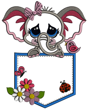 Little Elephant Sitting Inside a Pocket With Ladybug and Flowers Applique Machine Embroidery Design Digitized Pattern