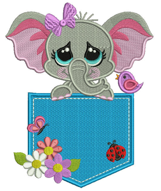 Little Elephant Sitting Inside a Pocket With Ladybug and Flowers Filled Machine Embroidery Design Digitized Pattern