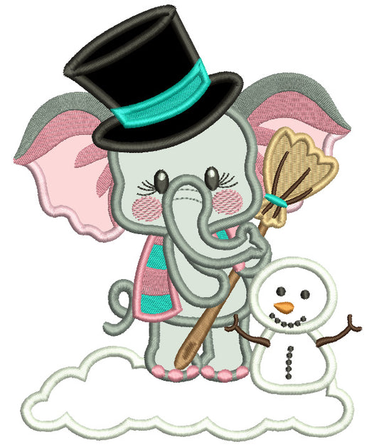 Little Elephant With a Broom And a Snowman Christmas Applique Machine Embroidery Design Digitized Pattern