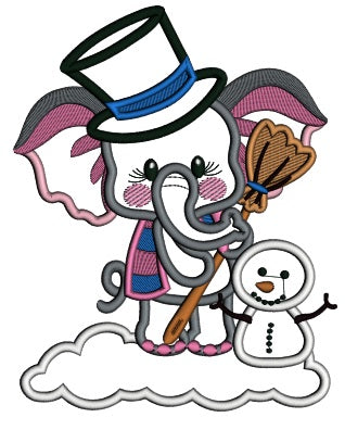 Little Elephant With a Broom And a Snowman Christmas Applique Machine Embroidery Design Digitized Pattern
