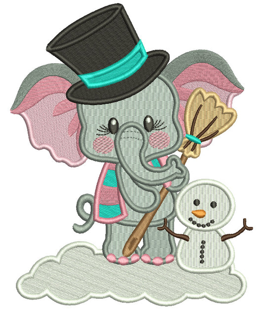 Little Elephant With a Broom And a Snowman Christmas Filled Machine Embroidery Design Digitized Pattern