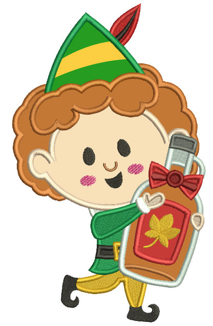 Little Elf Holding a Bottle With Maple Syrop Christmas Applique Machine Embroidery Design Digitized Pattern