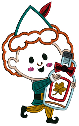 Little Elf Holding a Bottle With Maple Syrop Christmas Applique Machine Embroidery Design Digitized Pattern