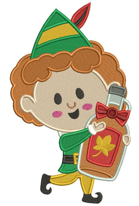 Little Elf Holding a Bottle With Maple Syrop Christmas Filled Machine Embroidery Design Digitized Pattern