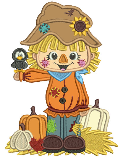 Little Farm Boy With Pumpkins Holding a Crow Thanksgiving Applique Machine Embroidery Design Digitized Pattern