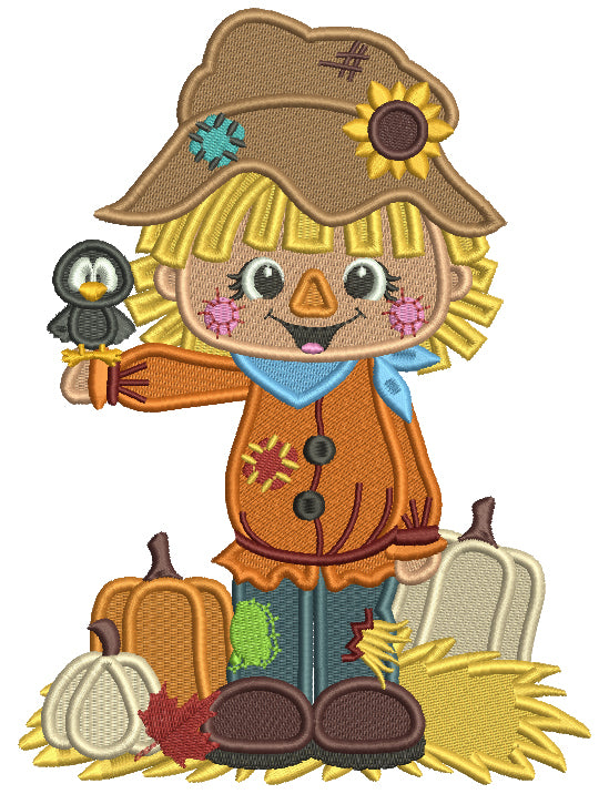 Little Farm Boy With Pumpkins Holding a Crow Thanksgiving Filled Machine Embroidery Design Digitized Pattern