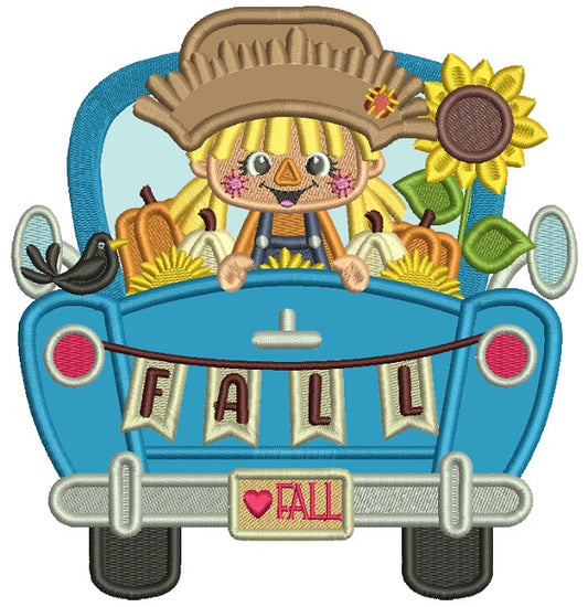Little Farm Girl Sitting In The Back Of The Car With Pumpkins and Flowers Applique Machine Embroidery Design Digitized Pattern