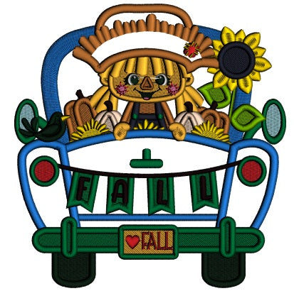 Little Farm Girl Sitting In The Back Of The Car With Pumpkins and Flowers Applique Machine Embroidery Design Digitized Pattern