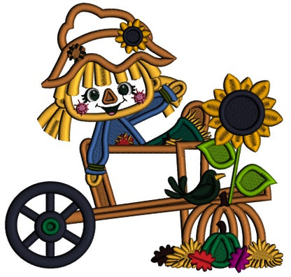 Little Farm Girl Sitting Inside Wagon With Pumpkins And Sunflower Thanksgiving Applique Machine Embroidery Design Digitized Pattern