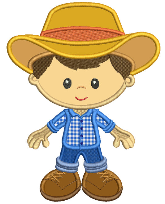 Little Farmer Boy Wearing Big Hat Applique Machine Embroidery Design Digitized Pattern