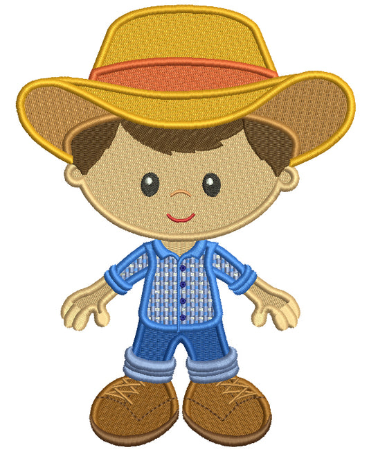 Little Farmer Boy Wearing Big Hat Filled Machine Embroidery Design Digitized Pattern