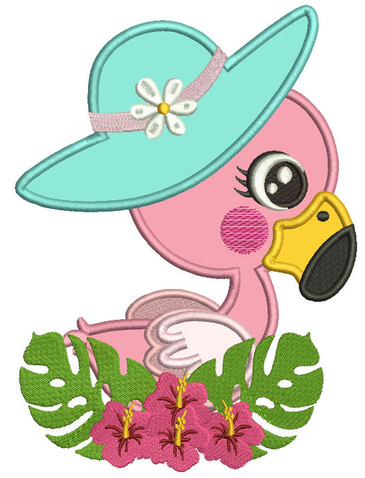 Little Flamingo Wearing a Big Hat Applique Machine Embroidery Design Digitized Pattern