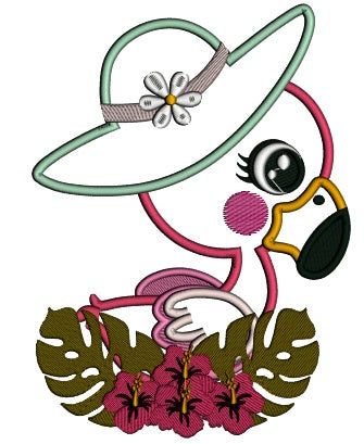 Little Flamingo Wearing a Big Hat Applique Machine Embroidery Design Digitized Pattern