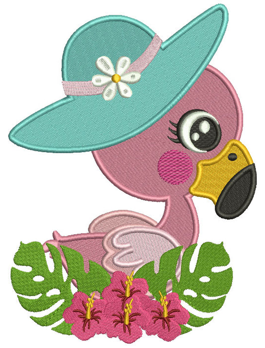 Little Flamingo Wearing a Big Hat Filled Machine Embroidery Design Digitized Pattern