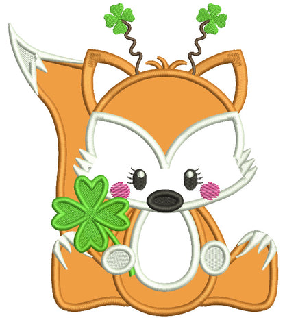 Little Fox Holding Shamrock Applique St. Patrick's Day Machine Embroidery Design Digitized Pattern